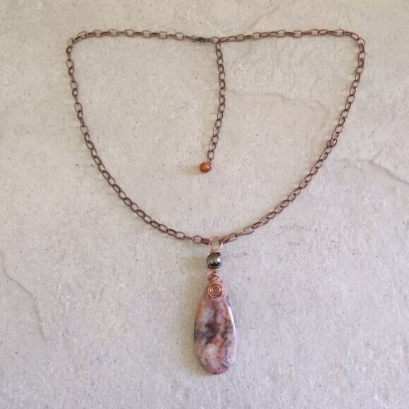 Rustic Crazy Lace Agate Pendant Necklace! Cream Gray Peachy Tangerine + Copper - Picture 10 of 15